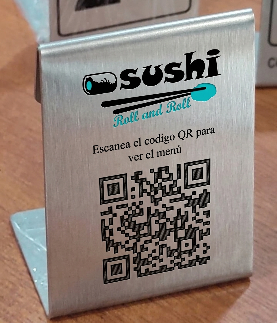 Identificador de mesa en acero inoxidable con código QR para menú digital